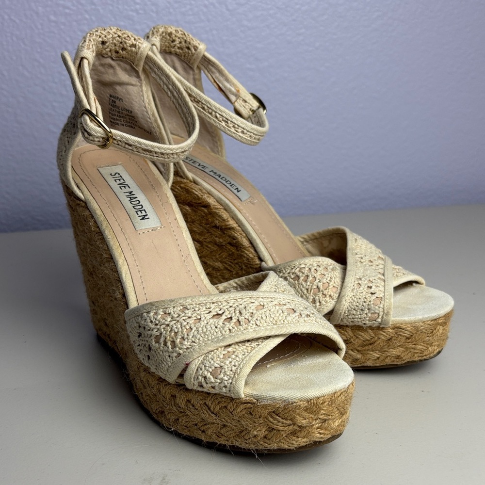 Steve Madden Marrvil Cream Crochet Espadrille Wedges with Ankle Strap